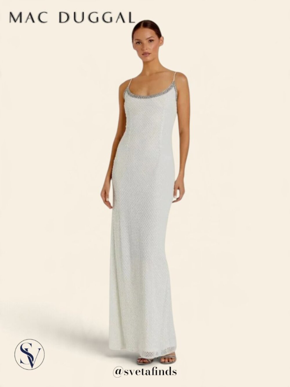 NWT Mac Duggal White Beaded Encrusted Rhinestone Spaghetti Strap Column Gown 8